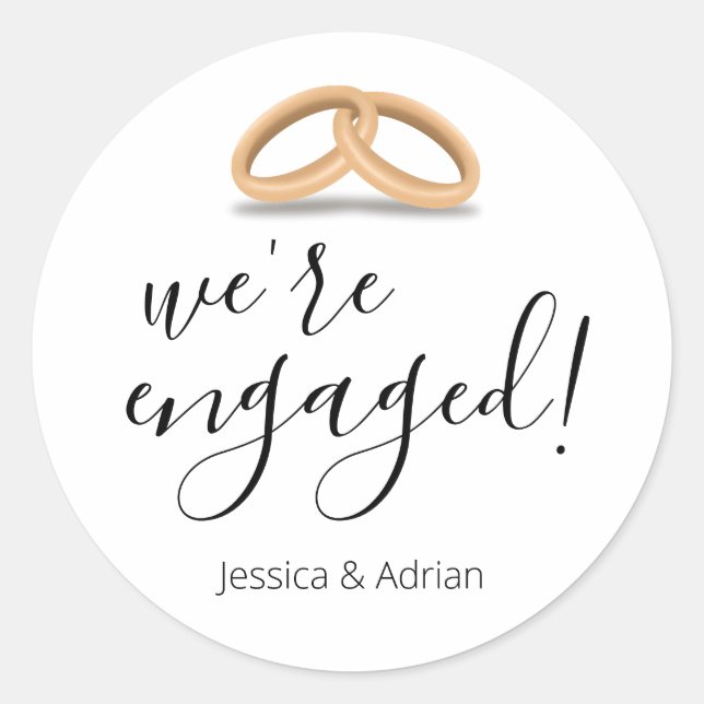 Romantic Gold Rings We're Engaged Classic Round Sticker (Front)