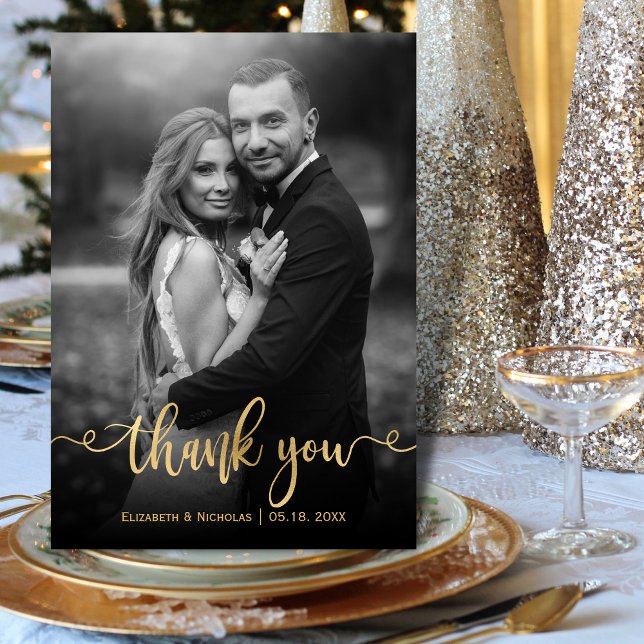 Romantic Gold Script 2 Black White Photo Wedding Thank You Card (Creator Uploaded)
