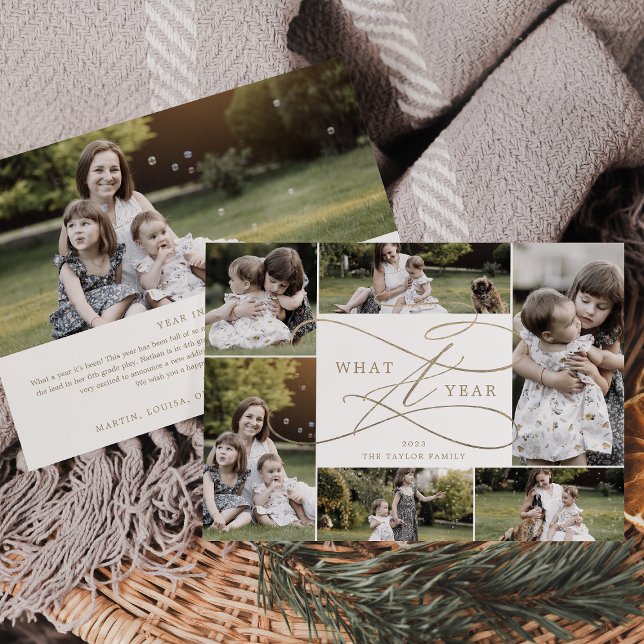 Romantic Gold What A Year 7 Photo Family News Holiday Card (Creator Uploaded)