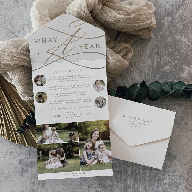 Romantic Gold What A Year Multi Photo Holiday All In One Invitation (Creator Uploaded)