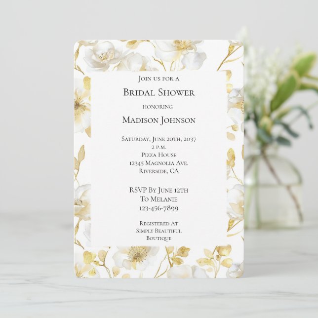 Romantic Gold White Floral Bridal Shower Invitation (Standing Front)