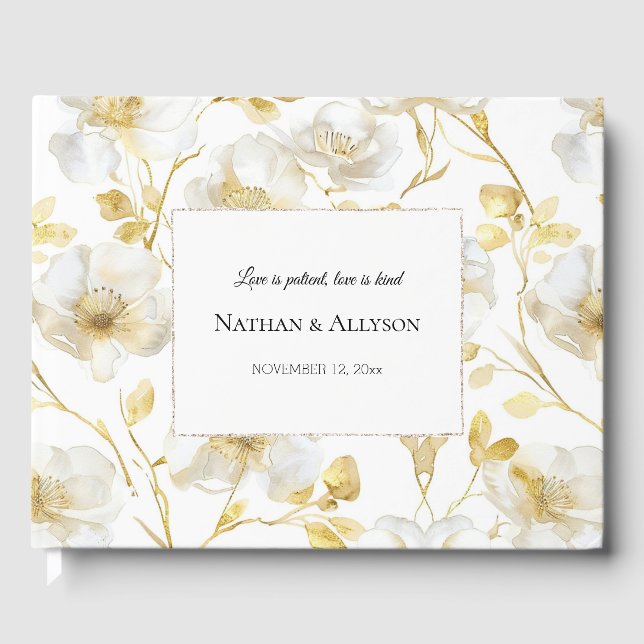 Romantic Gold White Floral Wedding Guest Book (Front)