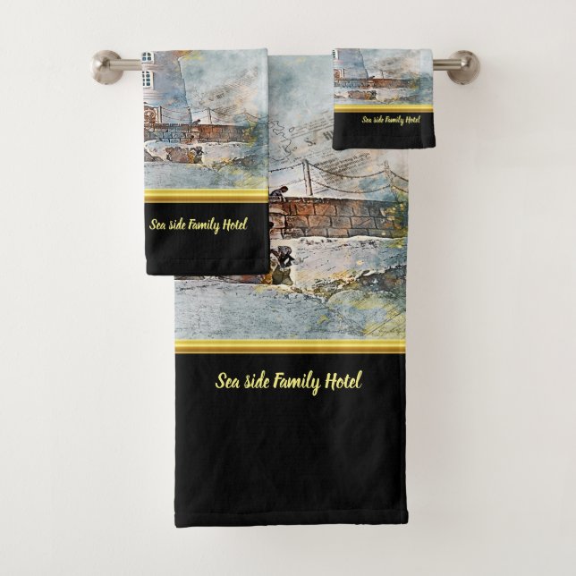 Romantic Gold with old nautical coastal Lighthouse Bath Towel Set (Insitu)