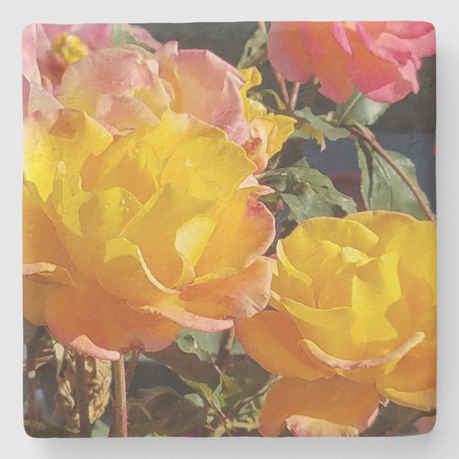 Romantic Golden and Orange Rose Photo Stone Coaster (Front)