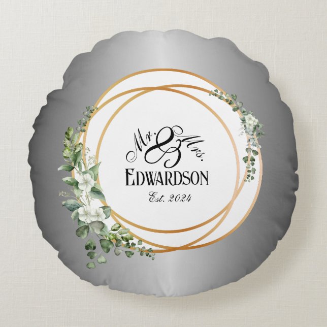 Romantic Golden Rings & Floral Anniversary  Round Pillow (Front)