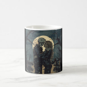 Romantic gothic cartoon of a skeleton and woman coffee mug