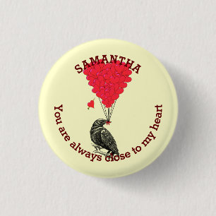 Romantic gothic crow and red heart personalized 1 inch round button