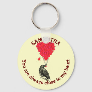 Romantic gothic crow and red heart personalized keychain