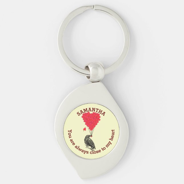 Romantic gothic crow and red heart personalized keychain (Front)