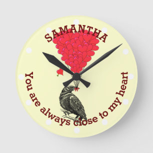 Romantic gothic crow and red heart personalized round clock