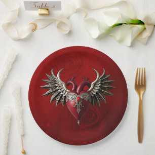 Romantic Gothic icon: heart, rose, skull.  Paper Plate