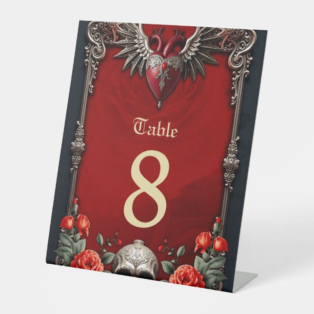 Romantic Gothic icon: heart, rose, skull.  Pedestal Sign (Front)