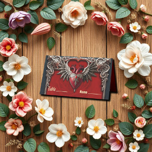 Romantic Gothic icon: heart, rose, skull.  Place Card