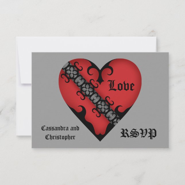 Romantic gothic medieval red heart RSVP Card (Front)