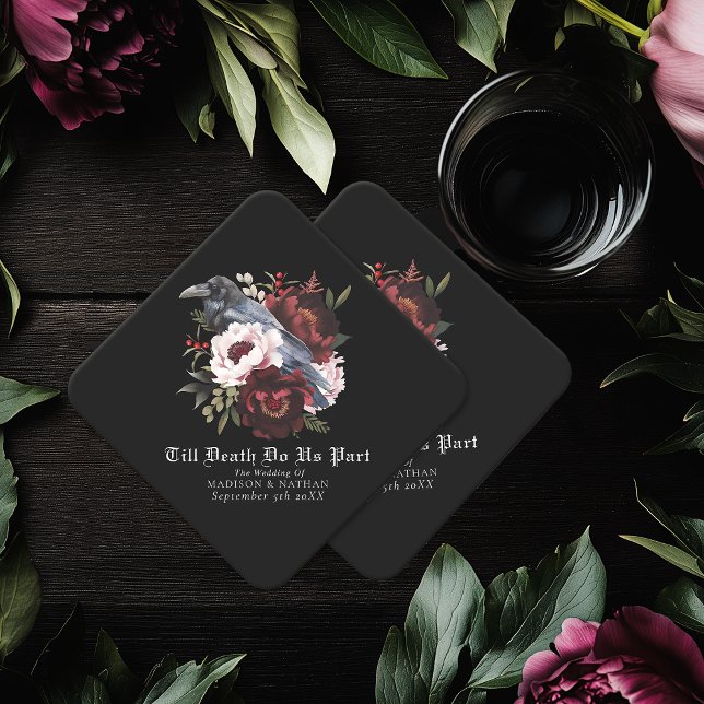 Romantic Gothic Watercolor Raven Floral Wedding  Paper Coaster (Creator Uploaded)