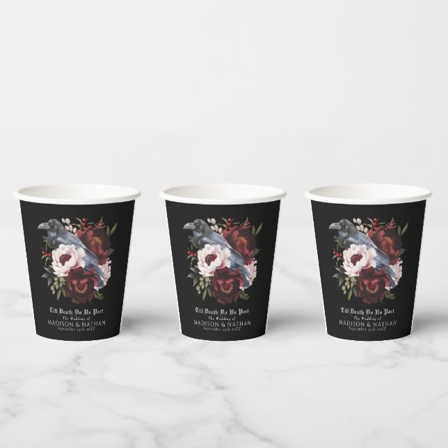 Romantic Gothic Watercolor Raven Floral Wedding Paper Cups (Multi)