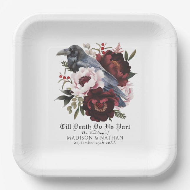 Romantic Gothic Watercolor Raven Floral Wedding Paper Plate (Front)