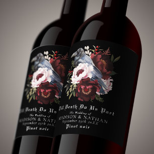 Romantic Gothic Watercolor Raven Floral Wedding Wine Label