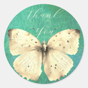 Romantic green butterfly thank you classic round sticker