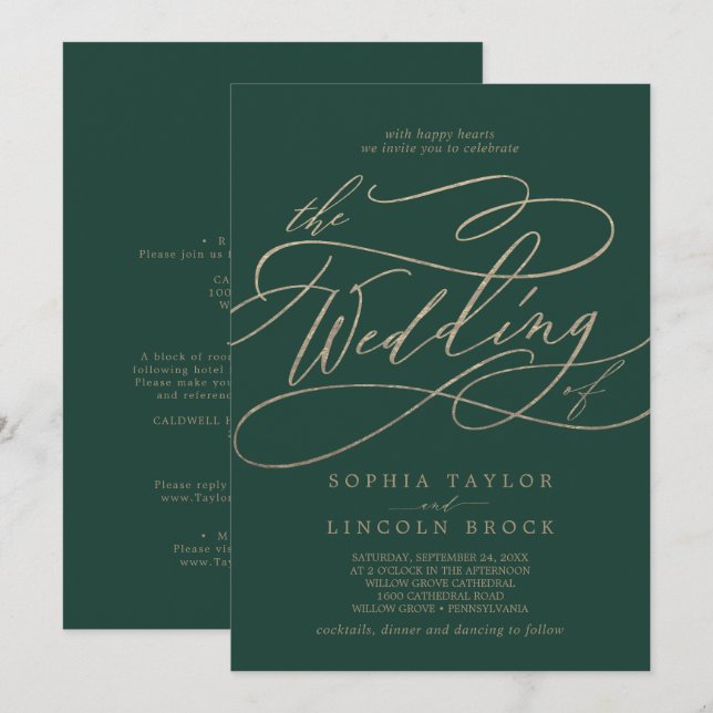 Romantic Green Calligraphy All In One Wedding Invitation (Front/Back)