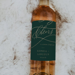 Romantic Green Calligraphy Cheers Wedding Wine Label