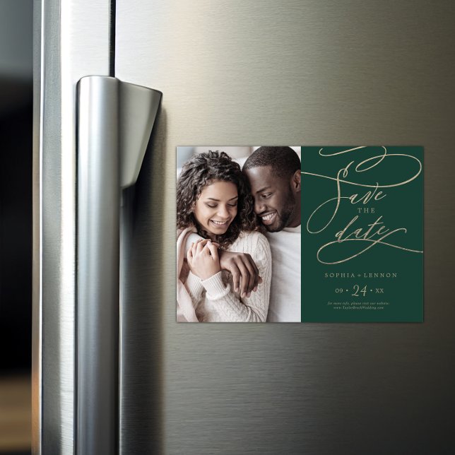 Romantic Green Calligraphy Photo Save the Date Magnetic Invitation (Creator Uploaded)