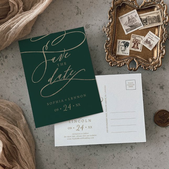 Romantic Green Calligraphy Save the Date Postcard (Creator Uploaded)