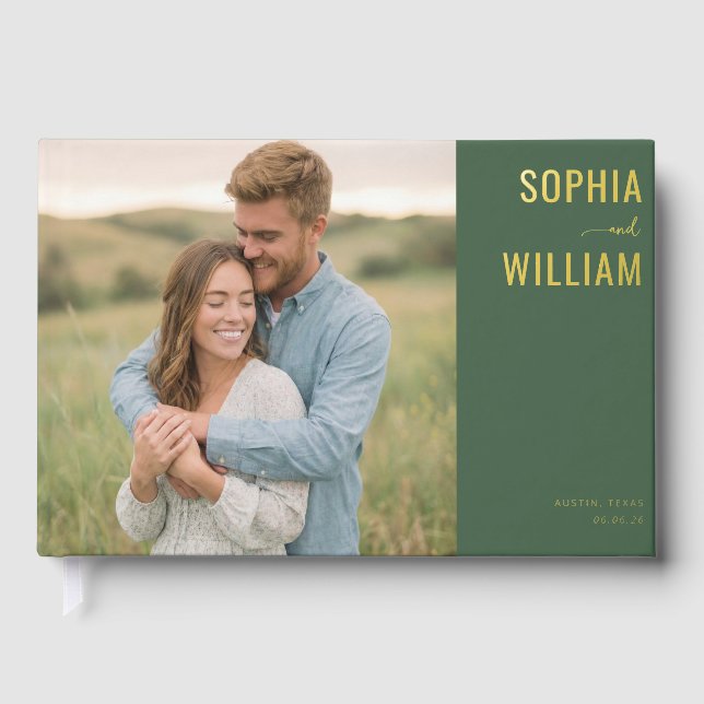 Romantic Green Contemporary Photo Guest Book (Front)