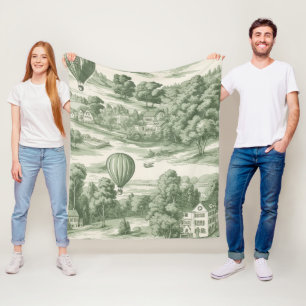 Romantic Green Countryside Toile Balloon Pattern Fleece Blanket