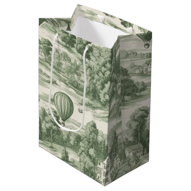 Romantic Green Countryside Toile Balloon Pattern Medium Gift Bag (Front Angled)
