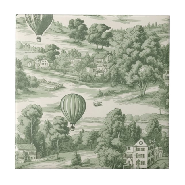 Romantic Green Countryside Toile Balloon Pattern Tile (Front)