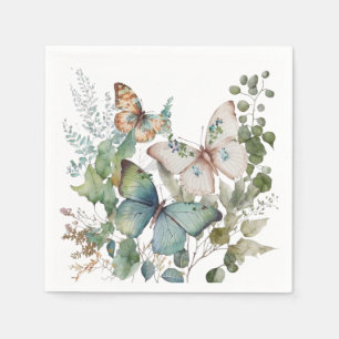 Romantic green flowers and butterfly napkin