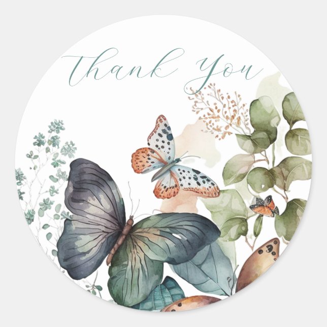 Romantic green flowers and butterfly thank you  classic round sticker (Front)