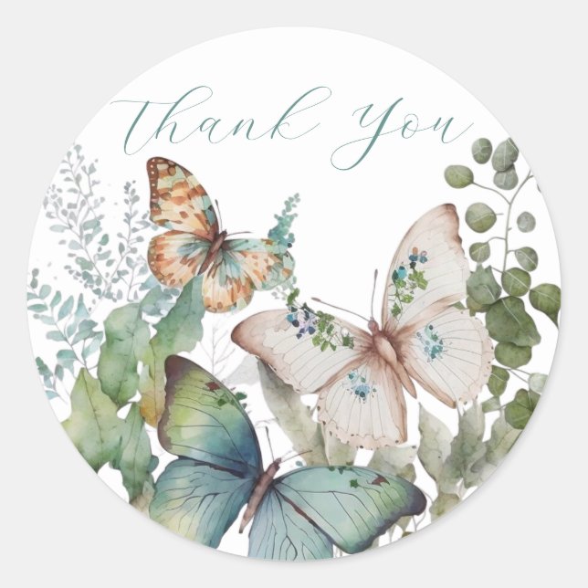 Romantic green flowers and butterfly thank you  classic round sticker (Front)
