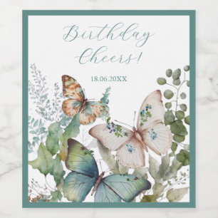 Romantic green flowers and butterfly wine label