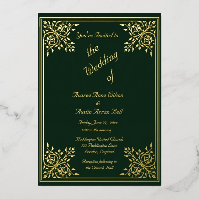 Romantic Green Gold Foil Frame and Text Wedding (Front)