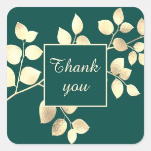 Romantic green golden leaves square sticker