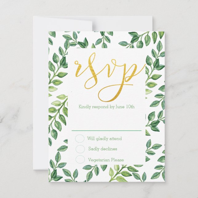 Romantic Green Leaves - RSVP Wedding Card (Front)