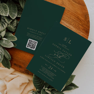 Romantic Green Monogram Front Back QR Code Wedding Invitation