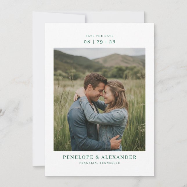 Romantic Green Photo Save The Date (Front)