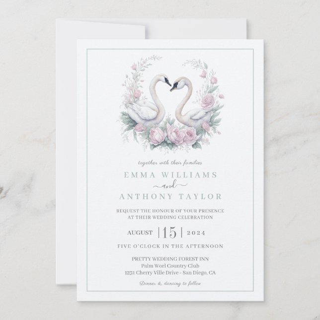 Romantic Green Swan Couple Wedding Invitation (Front)