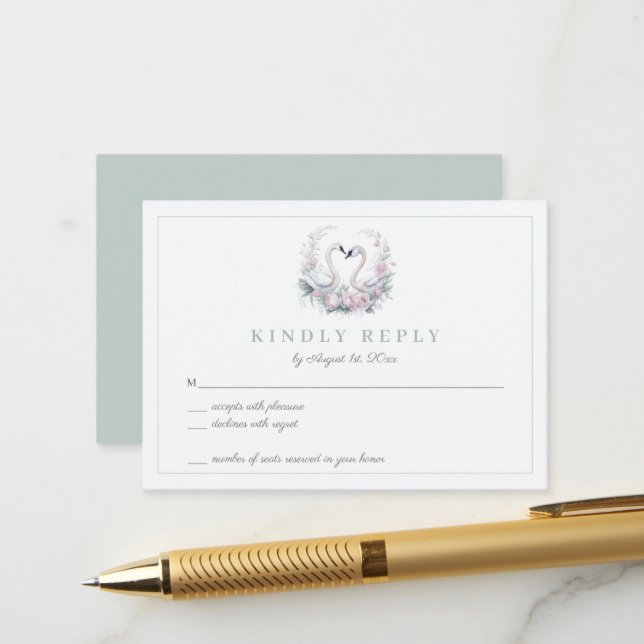 Romantic Green Swan Couple Wedding RSVP Card (Front/Back In Situ)