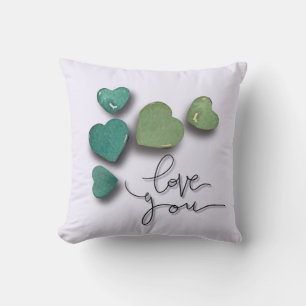 Romantic Green Watercolor Hearts Love & Valentin Throw Pillow