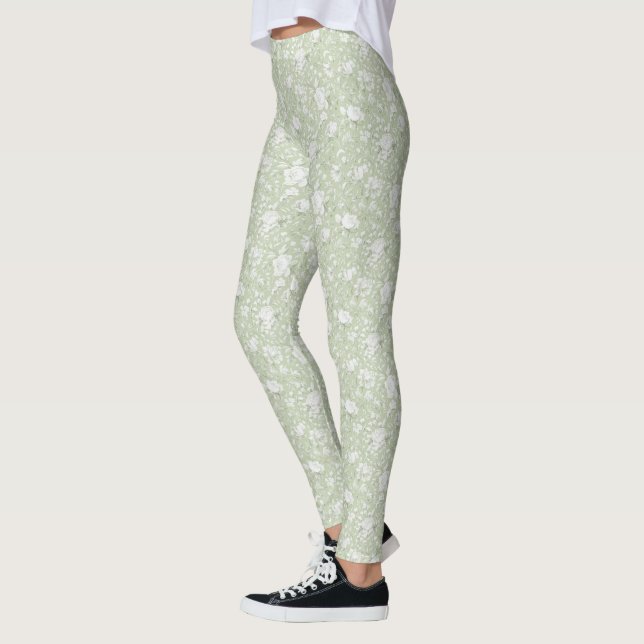 Romantic Green White Flowers Leggings (Left)