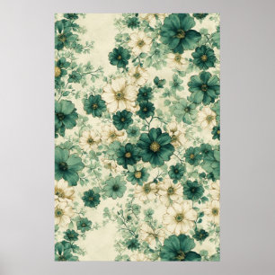 Romantic Green & White Watercolor Floral Pattern Poster