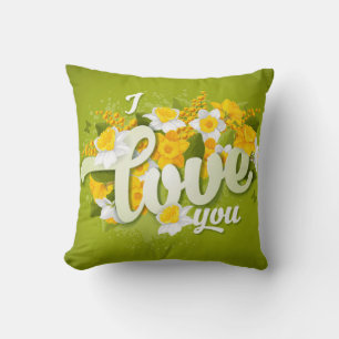 Romantic Green Yellow & White Daffodils Floral Throw Pillow