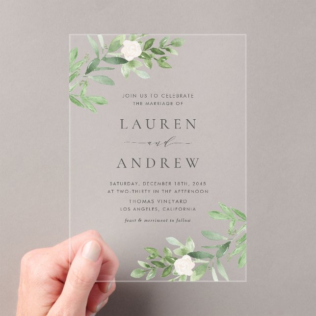 Romantic Greenery and White Flowers Wedding Acrylic Invitations (Insitu (Handheld))