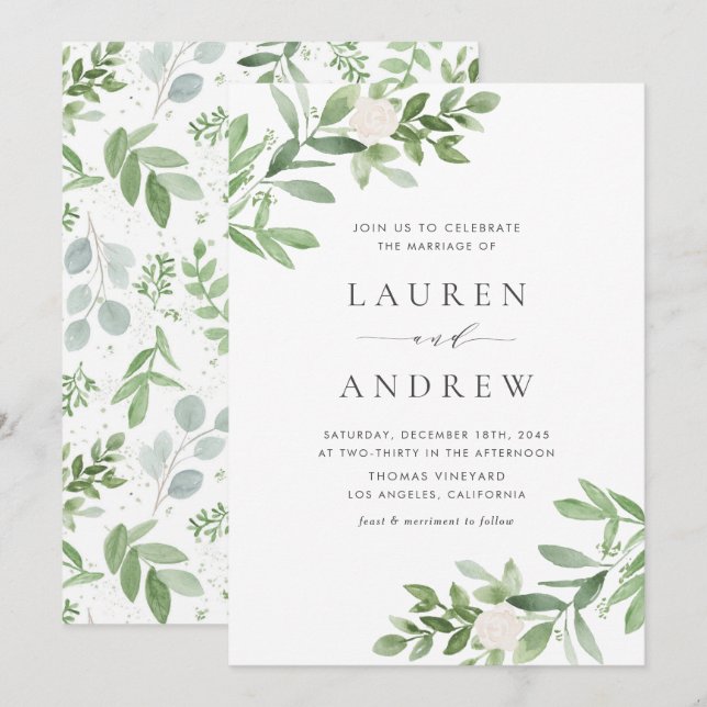 Romantic Greenery and White Flowers Wedding Invitation (Front/Back)