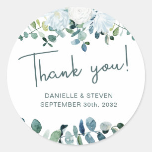 Romantic greenery eucalyptus names & wedding date classic round sticker