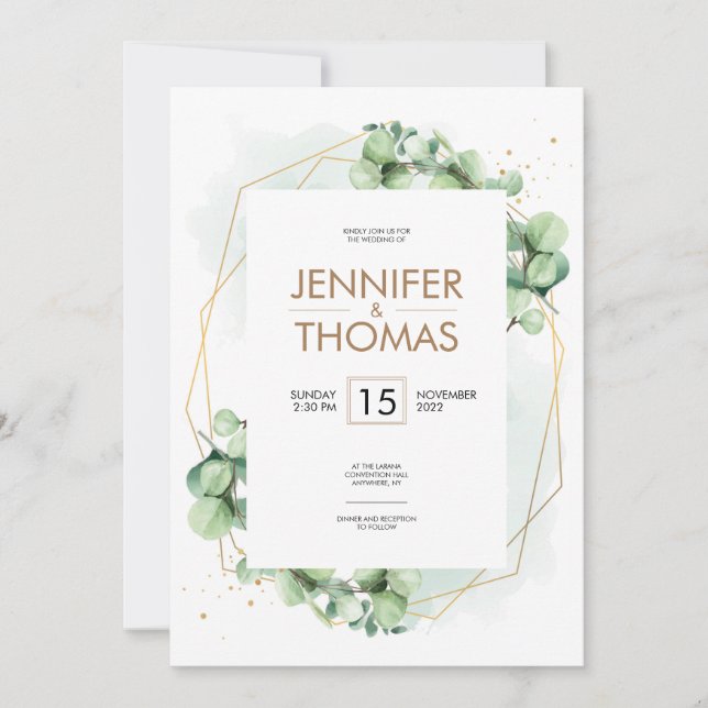Romantic greenery eucalyptus wedding gold foil invitation (Front)